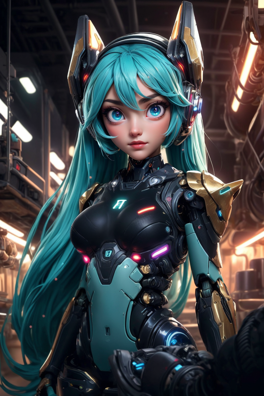 26072218-1650465320-cgmech, beautiful eyes, upper body, underboob,  portrait, robot, armor, Hatsune Miku, neon light, 8K, RAW, best quality, masterp.png